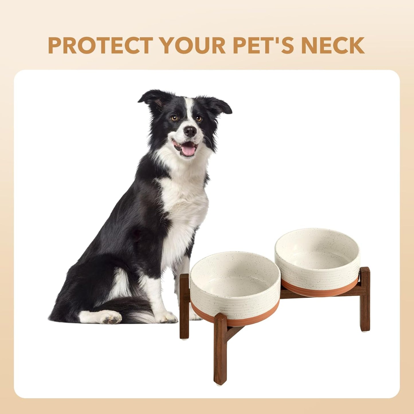 Ceramic 7.3inch Raised Double Dog Bowls Set with Acacia Wood Stand, Food & Water Bowls for Medium Breed Dogs, Weighted Pet Dishes(41oz, Vanilla White) - Pet Explorer