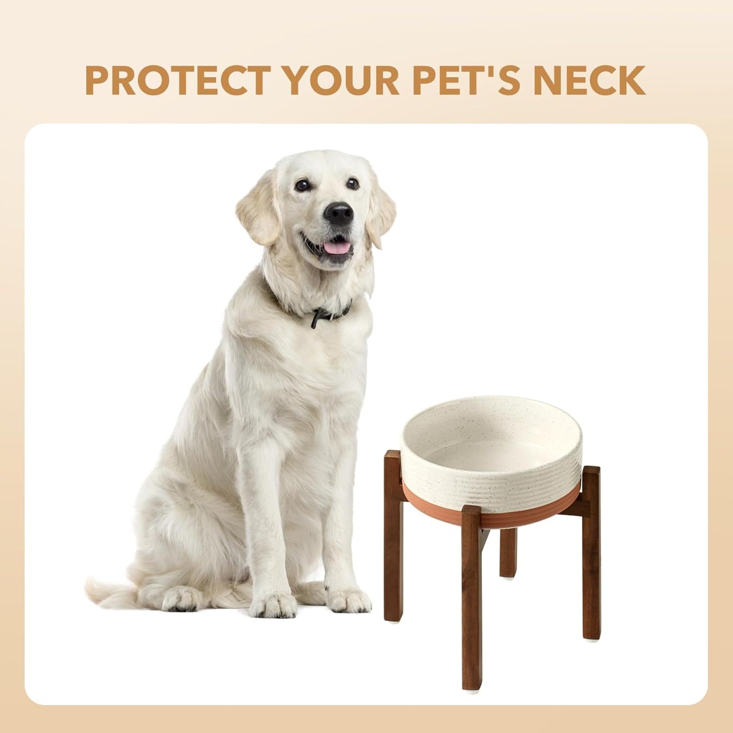 Ceramic 8.2inch Raised Dog Bowl Set, Elevated with Acacia Wood Stand, Food and Water Bowl for Large Breed Dogs, Weighted Pet Dishes(60oz, Vanilla White) - Pet Explorer