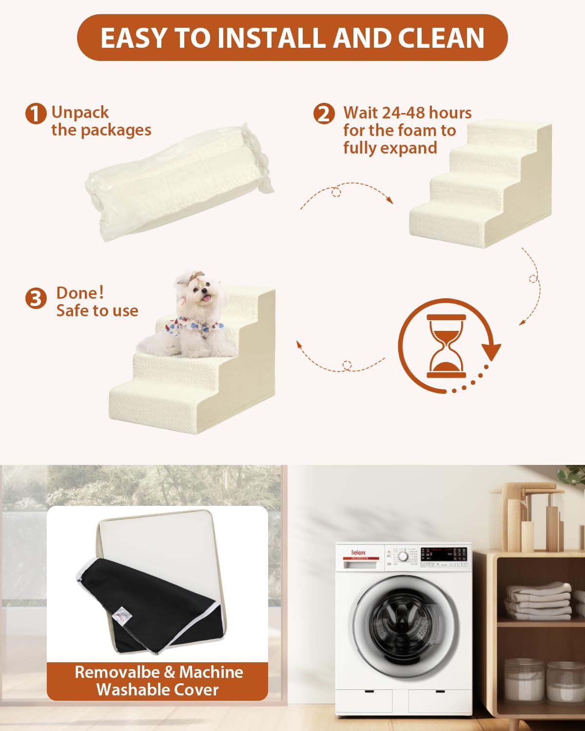 Dog Stairs for Small Dogs,22" H,5-Step Dog Steps for High Bed Couch and Sofa,Pet Stairs for Dogs and Cats Climbing with Non-Slip Bottom and Washable Cover,Beige - Pet Explorer