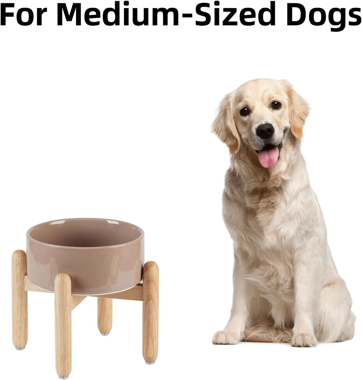 Ceramic 7.3inch Raised Dog Bowl Set, Elevated with Wooden Stand, Food and Water Bowl for Medium Breed Dogs, Weighted Dog Dishes, Pet Feeder(Brown Coffee) - Pet Explorer