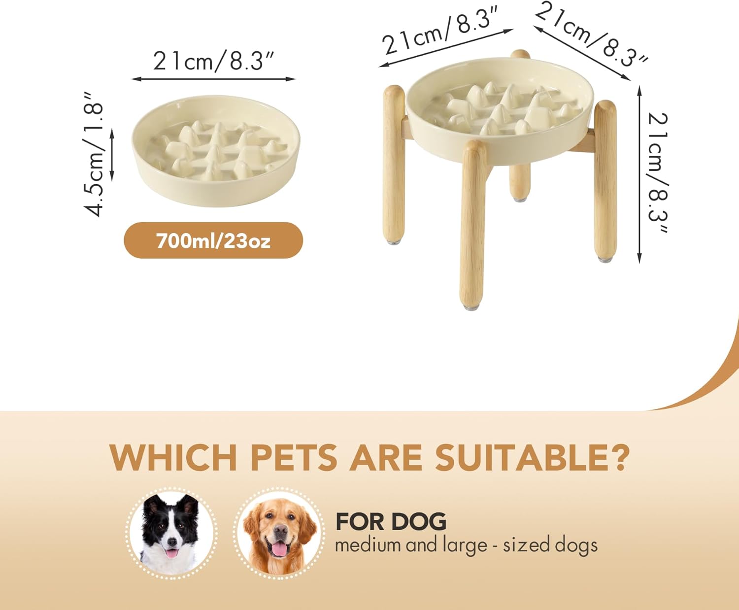 8.2inch Ceramic Dog Raised Slow Feeder Set, Elevated Bowl with Wooden Stand for Large and Medium Dog, Slow Feeder Dish for Fast Easters, Anti-Gulping(Beige, Single Bowl+ Stand) - Pet Explorer