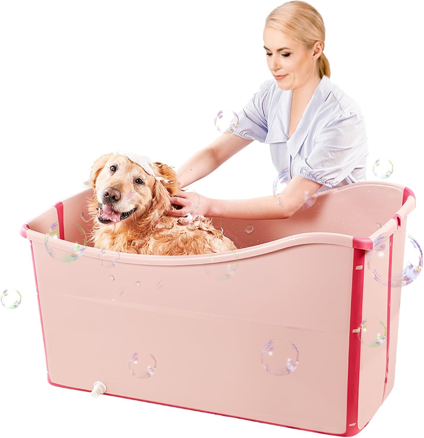 Portable Dog Bathtub for Large Dogs - 48.4Gal Foldable Pet Wash Station with Drain Plug, Insulated & Non-Slip Design for Indoor/Outdoor Bathing, Grooming, Camping（Pink） - Pet Explorer