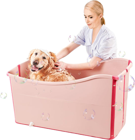 Portable Dog Bathtub for Large Dogs - 48.4Gal Foldable Pet Wash Station with Drain Plug, Insulated & Non-Slip Design for Indoor/Outdoor Bathing, Grooming, Camping（Pink） - Pet Explorer
