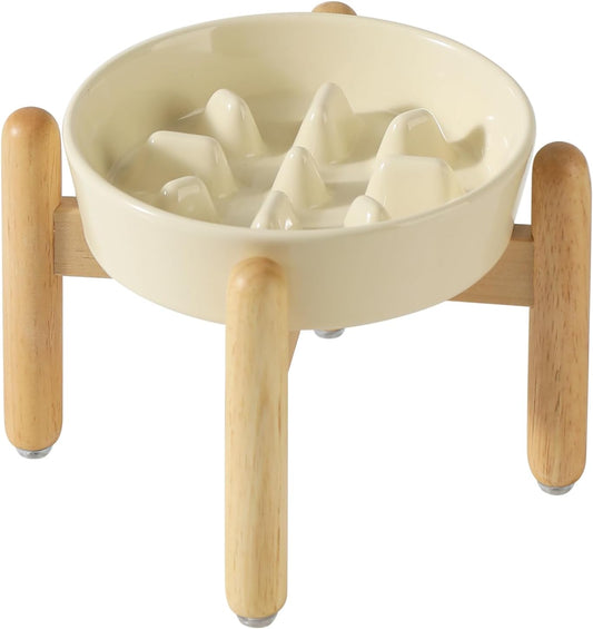 7.3inch Ceramic Dog Raised Slow Feeder Set, Elevated Bowl with Wooden Stand for Medium and Small Dog, Slow Feeder Dish for Fast Easters, Preventing Choking(Beige, Single Bowl+ Stand) - Pet Explorer
