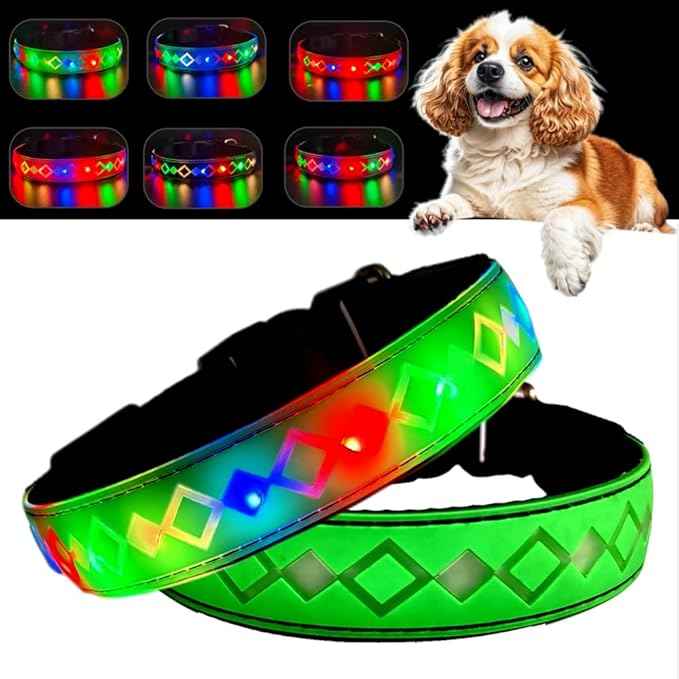 LED Dog Collar with AirTag Holder and Custom ID Tag, 15 Light Modes, Waterproof, Multiple Colors (Green Pro, L(15.7-19.7"))