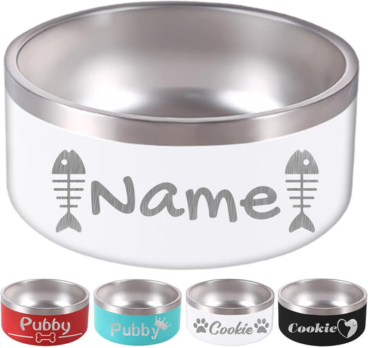 32OZ Personalized Dog Bowl Laser Engraved Custom Pet Name 18/32/42/64 oz No Slip Stainless Steel Insulated Bite-Resistant Food Water Dishes-White - Pet Explorer