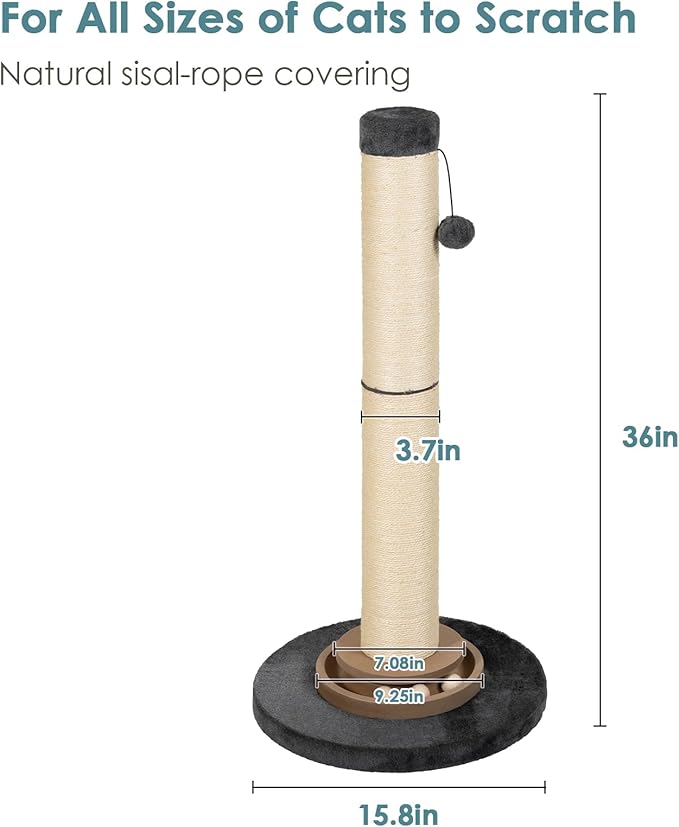 Heavy Duty Cat Scratching Post, 35 Inch Tall Cat Scratcher Cat Tree Tower with Hanging Ball for Indoor Cats Adults,Sisal Scratching Post with Toys