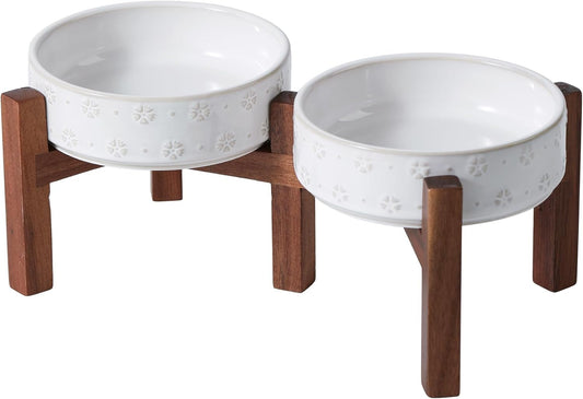 6.1inch Ceramic Raised Double Bowls Set with Acacia Wood Stand, 2 Heights Elevated, Food & Water Bowls for Toy Breed Dogs, Kitty, Cats, Pet Bowl(13.5OZ, Arctic White) - Pet Explorer