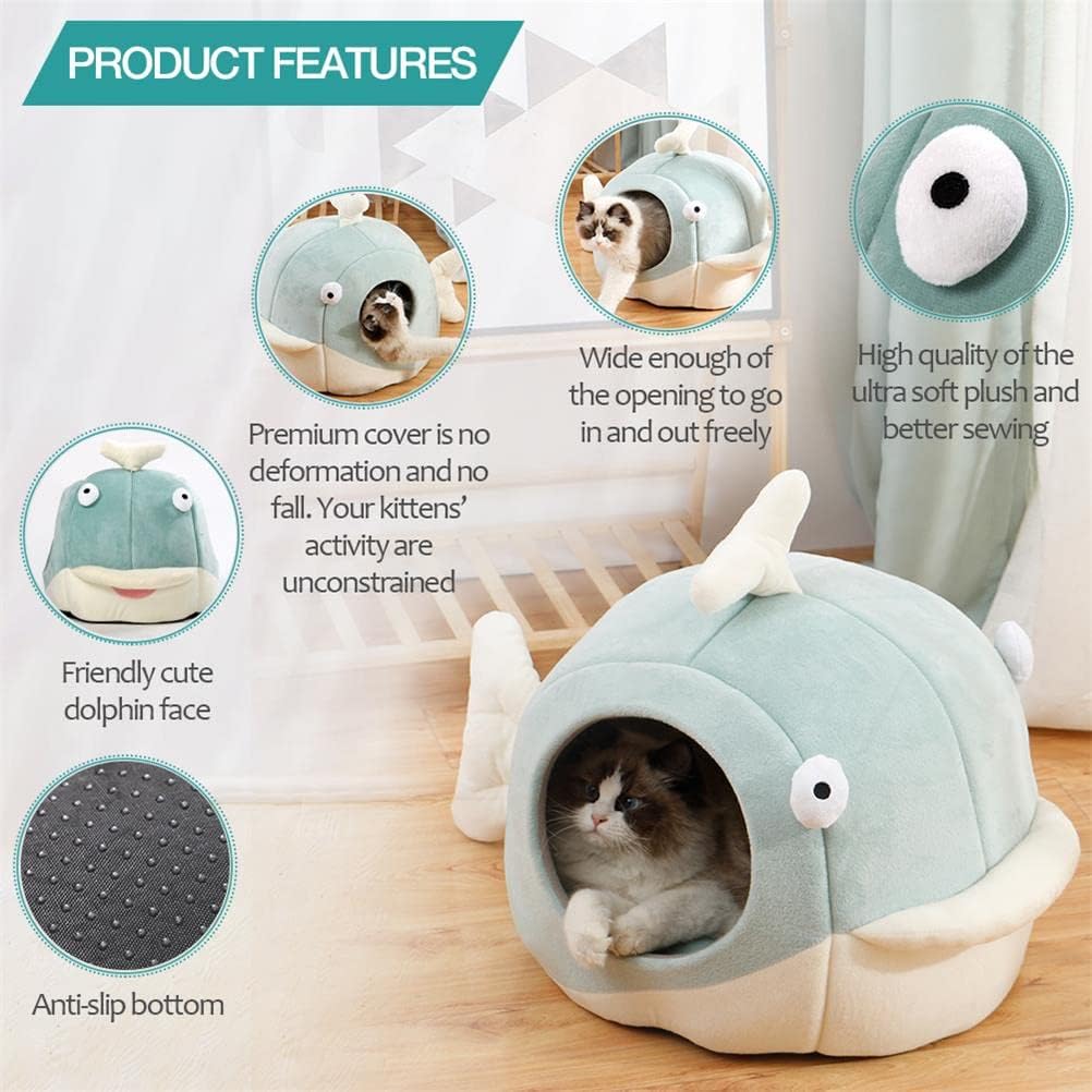 Lcybem Cat Beds for Indoor Cats - Cat Bed Cave with Removable Washable Cushioned Pillow, Calming Cozy Soft Cat Cave, Cute Friendly Dolphin Cat Houses for Indoor Cats No Deformation Pet Bed, L - Pet Explorer