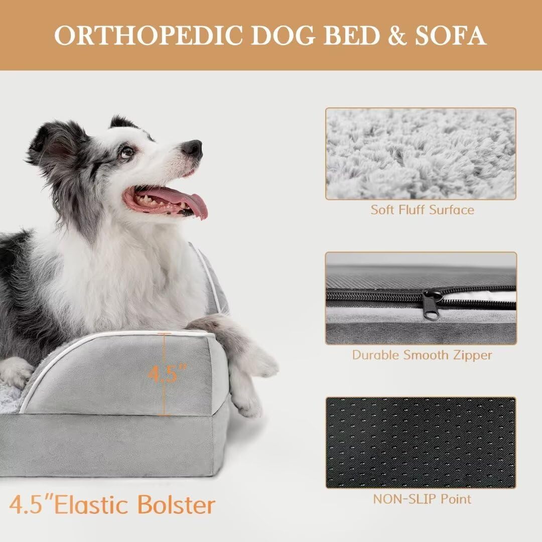Comfort Expression Orthopedic Memory Foam Dog Bed, Waterproof Dogs Beds Large Sized, Washable Cooling Dogs Beds with Removable Cover, Pet Sofa with Bolster(Large,Light Grey) - Pet Explorer