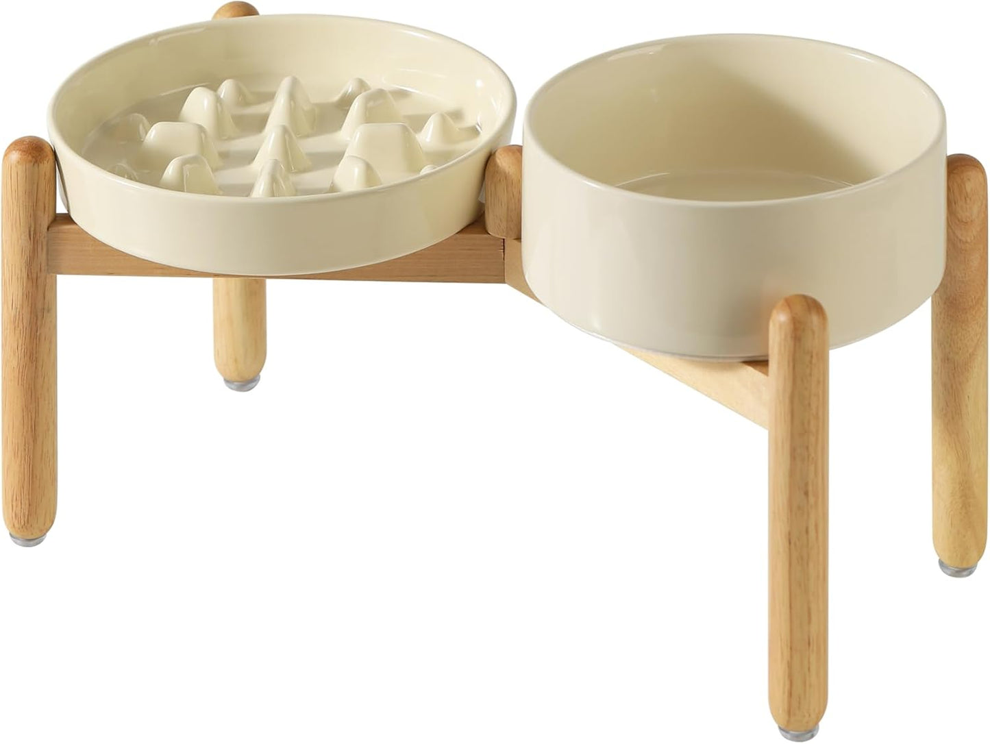 Ceramic Raised Slow Feeder Dog Bowl Set, Elevated 8.2inch Bowl and 9.5inch Slow Pet Food Dish with Wooden Stand for Large Dog (2 x Beige+ Stand) - Pet Explorer