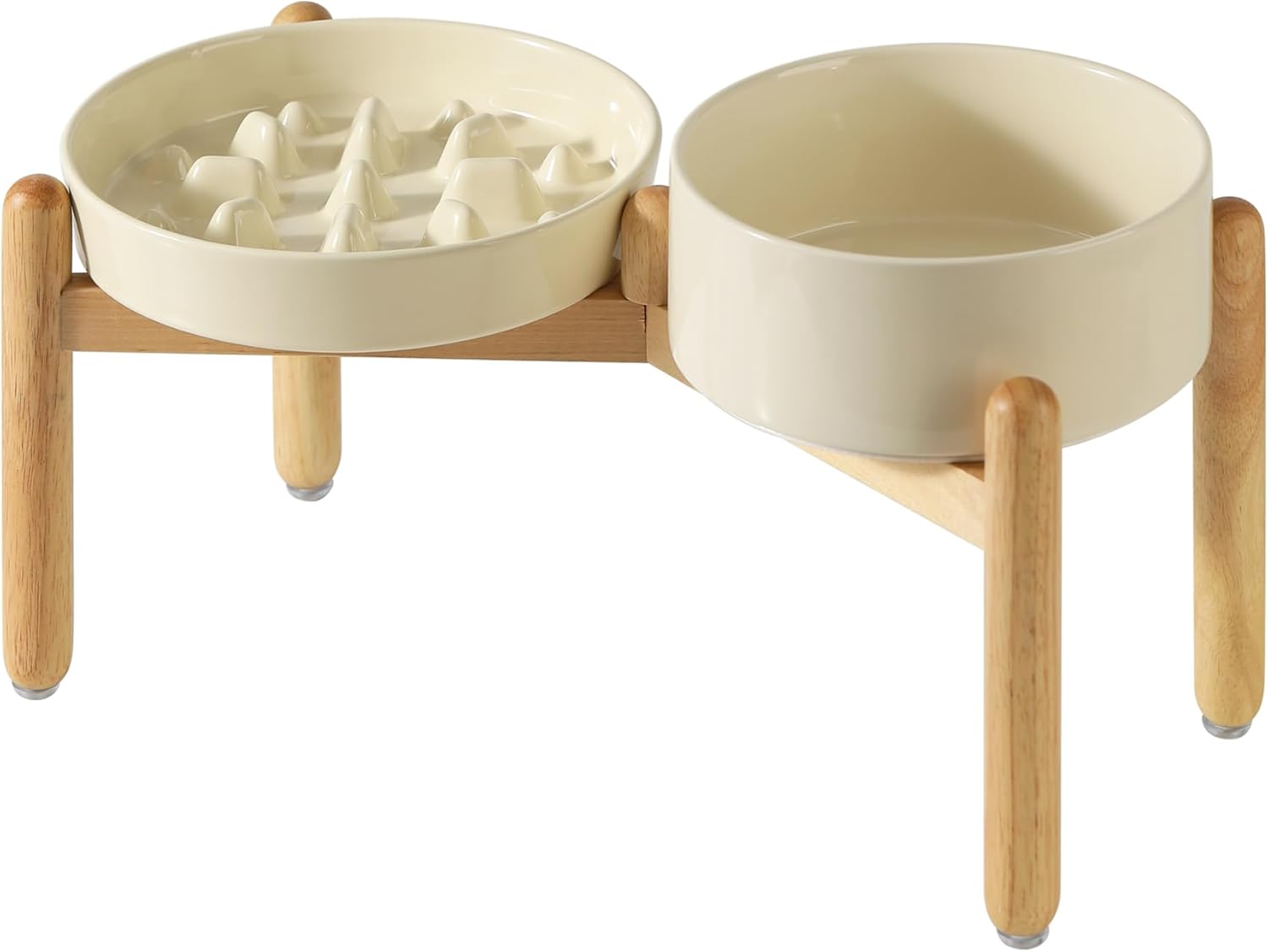 Ceramic Raised Slow Feeder Dog Bowl Set, Elevated 8.2inch Bowl and 9.5inch Slow Pet Food Dish with Wooden Stand for Large Dog (2 x Beige+ Stand) - Pet Explorer