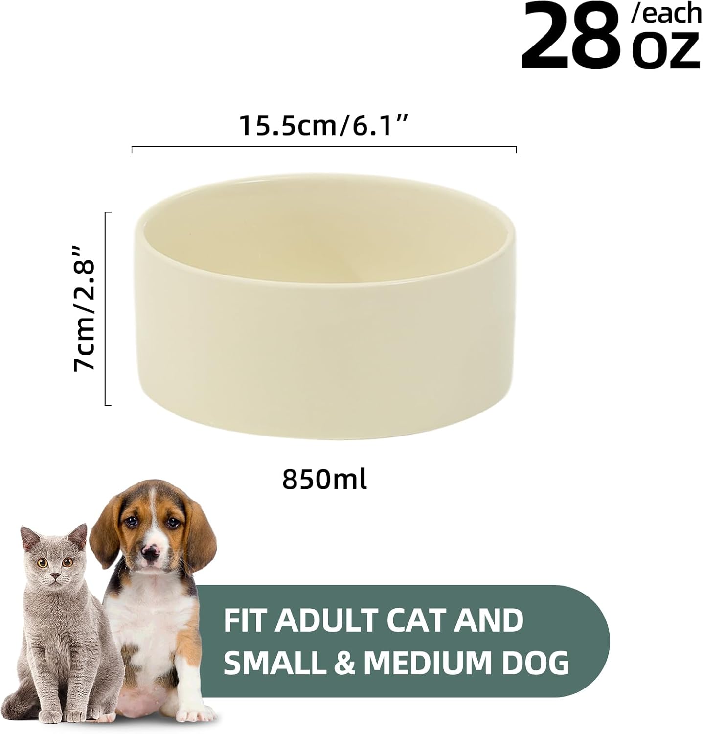 Ceramic 6.1inch Dog Bowls for Small and Medium Breed Dog Dish Pet Food and Water Bowl (Set of 2 Bowls - Beige, 28oz) - Pet Explorer