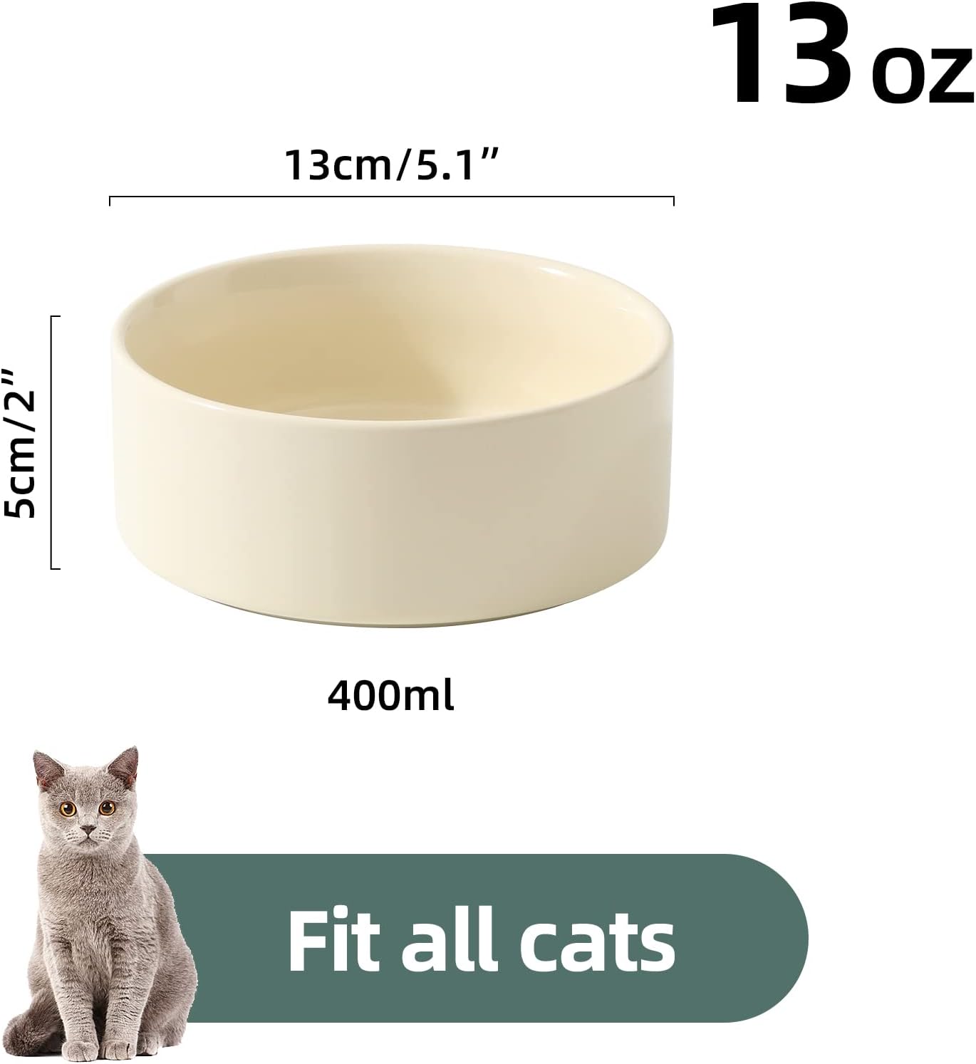 Ceramic 5.1inch Set of 2 Dog and Cat Bowls, 2pcs Anti-Slip Food and Water Feeder Dishes for Puppies, Kitties, Cats(2 Bowls, Beige) - Pet Explorer