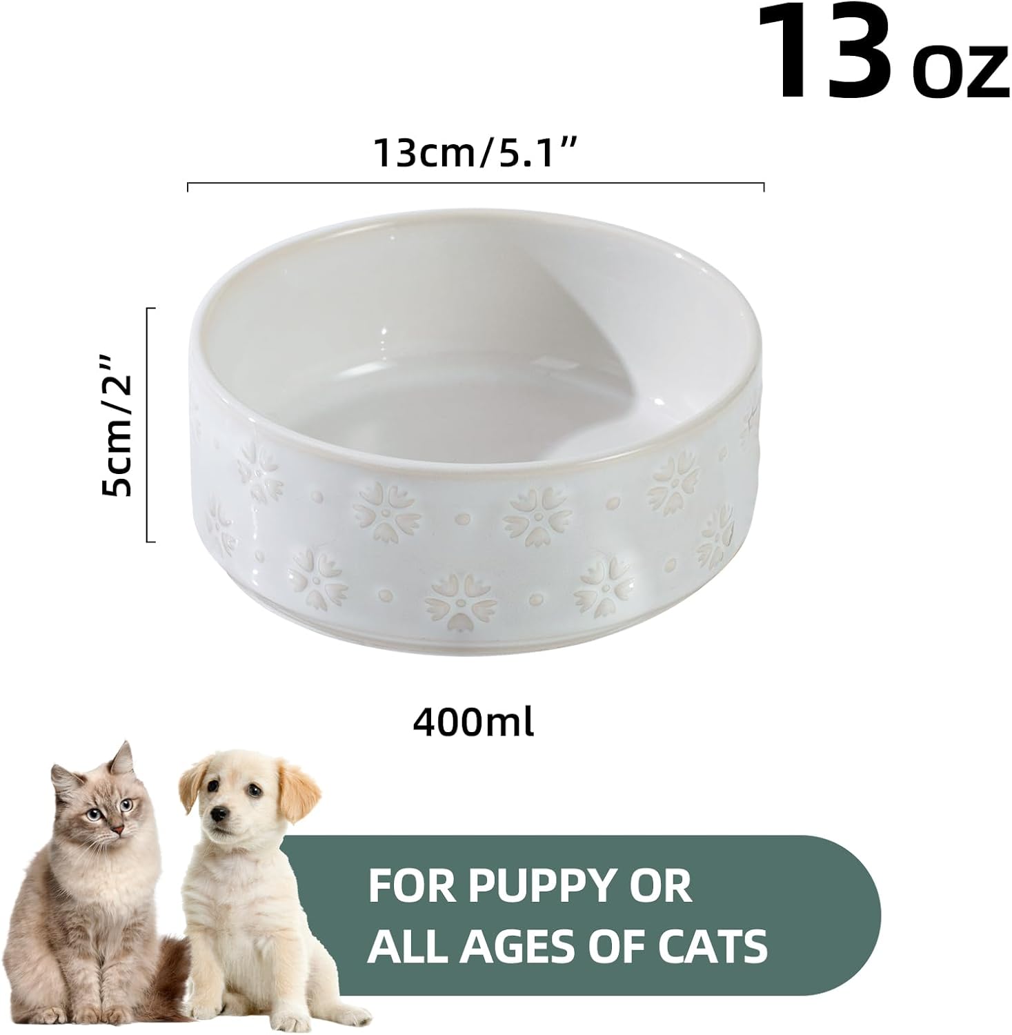 Ceramic 5.1inch Set of 2 Dog and Cat Bowls for Puppy, Kitty, Cats, 2pcs Anti-Slip Food and Water Pet Feeder(2 Bowls, Arctic White) - Pet Explorer