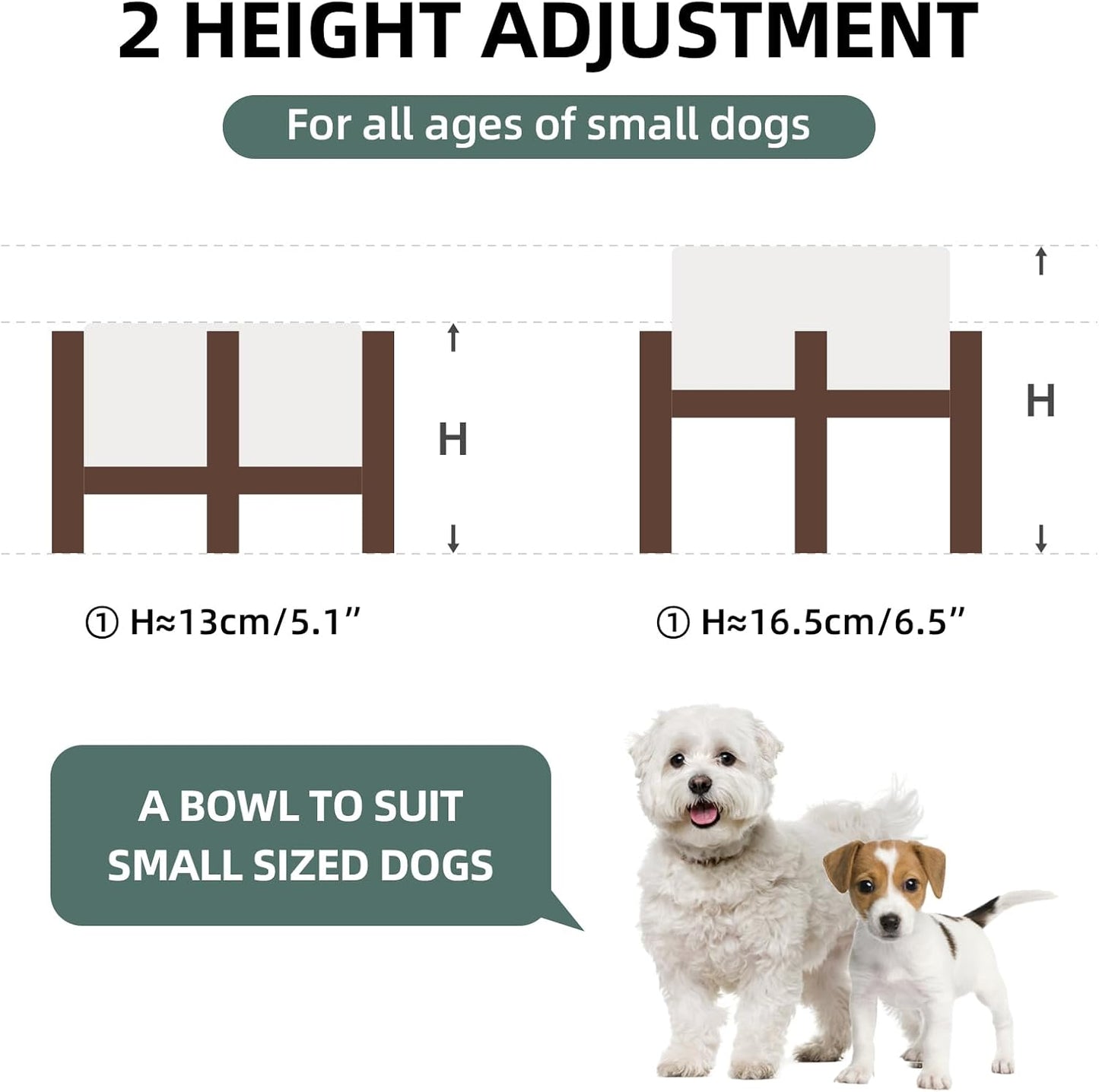 6.1inch Ceramic Raised Double Bowls Set with Acacia Wood Stand, 2 Heights Elevated, Food & Water Bowls for Small Breed Dogs, Weighted Dog Dishes, Pet Bowl(27oz, Arctic White) - Pet Explorer