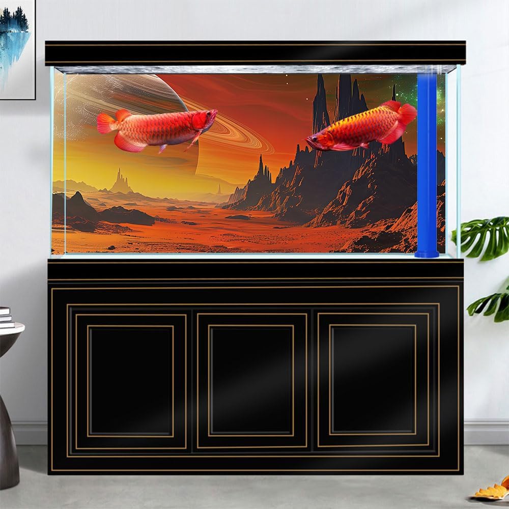 Cosmic Mars Aquarium Background,Galaxy Cool Parallel Space Themed Fish Tank Background, Tropical Desert Terrarium Background 48X18IN with 8 EVA Double-Sided Tape - Pet Explorer