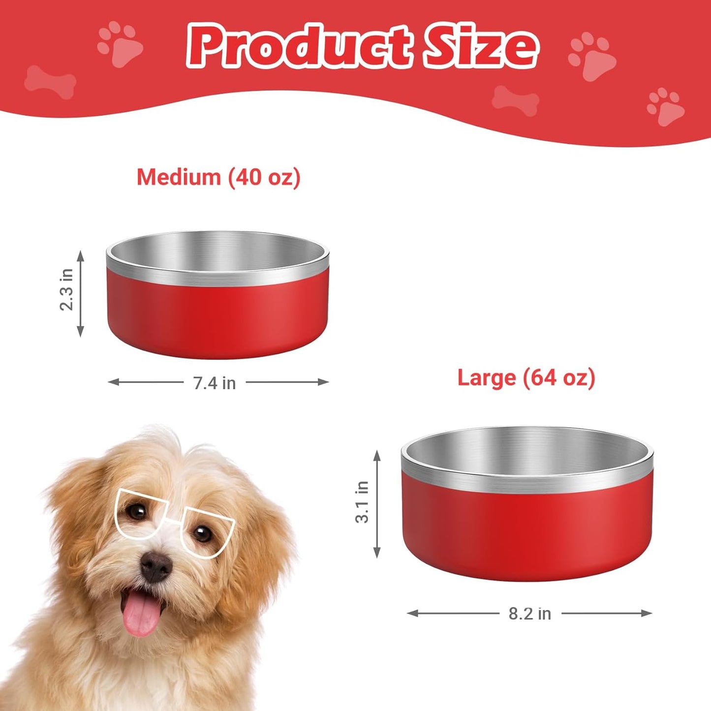 LIANLAI Dog Bowls Large Sized, Rust-Resistant Stainless Steel Dog Bowls, Non Slip Puppy Dishes, Dishwasher Safe (Red，64 oz) - Pet Explorer