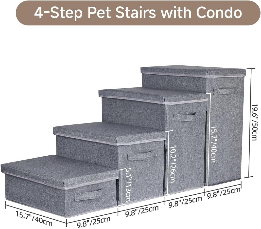 Dog Stairs with Storage, 4-Step Folding Pet Steps for Small Dogs and Cats, Pet Steps Storage with Zip, Pet Stairs for High Bed, Couch and Car Ramp (Gray, 4 Steps no Condo) - Pet Explorer