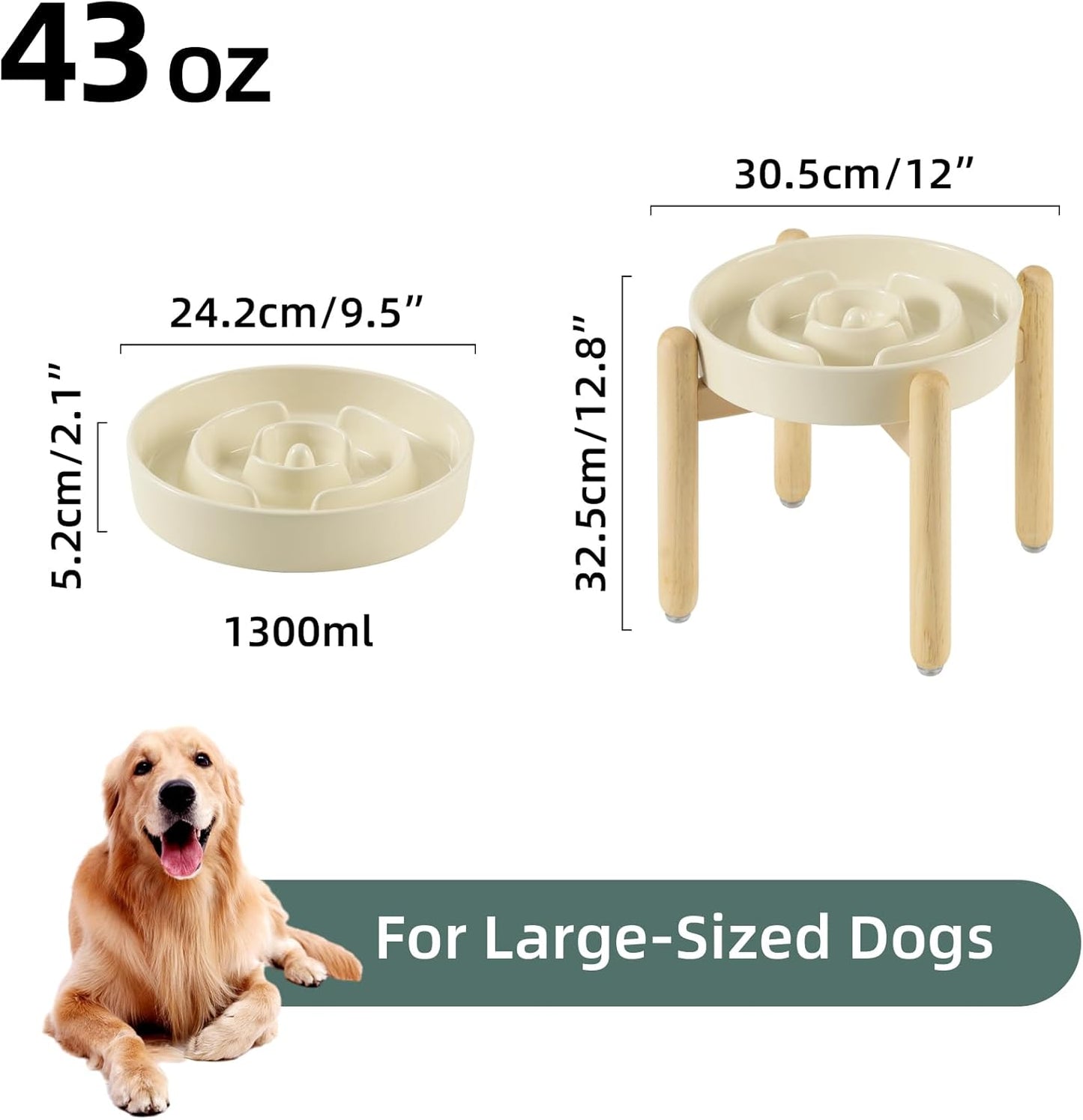 9.5inch Ceramic Raised Slow Feeder Dog Bowl Set, Elevated Bowl with Wooden Stand for Large Dog, Puzzle Slow Pet Food Dish, Anti-Gulping(Beige, Single Bowl+ Stand) - Pet Explorer