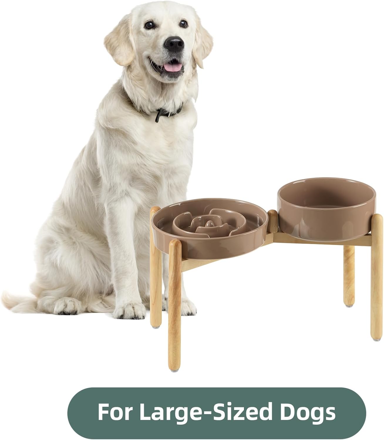 Ceramic Raised Slow Feeder Dog Bowl Set, Elevated 8.2inch Bowl and 9.5inch Puzzle Slow Food Dish with Wooden Stand for Large Dog, Anti-Gulping (2X Brown Coffee+ Stand) - Pet Explorer