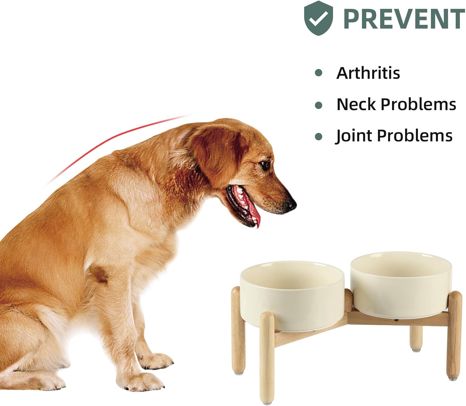 Ceramic 7.3inch Raised Double Bowls Set with Wooden Stand, Food & Water Bowls for Medium Breed Dogs, Weighted Dog Dishes, Pet Feeder(Beige) - Pet Explorer