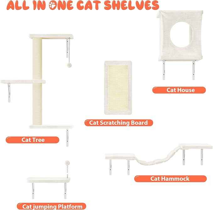 Wall Mounted Cat Furniture, 5 Pcs Cat Wall Shelves with House, Bridge, Steps, Scratching Post, Shelves, Indoor Safe & Stable Furniture for Kittens Play,Beige