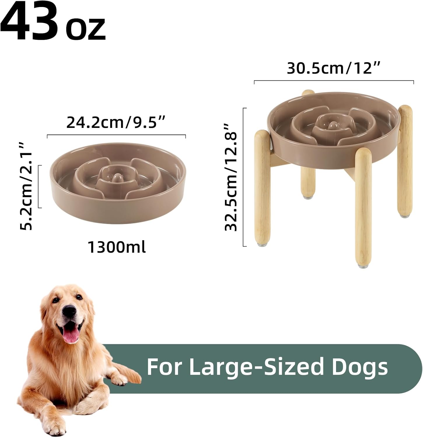 9.5inch Ceramic Raised Slow Feeder Dog Bowl Set, Elevated Bowl with Wooden Stand for Large Dog, Puzzle Slow Pet Food Dish, Preventing Choking(Brown Coffee, Single Bowl+ Stand) - Pet Explorer