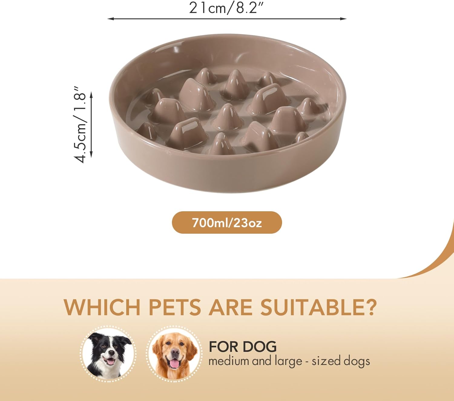 Ceramic 8.2 inch Dog Bowl Slow Feeder, Slow Pet Food Dish for Medium and Large Dog, Stop Bloat, Preventing Choking(Single Bowl, Brown Coffee) - Pet Explorer