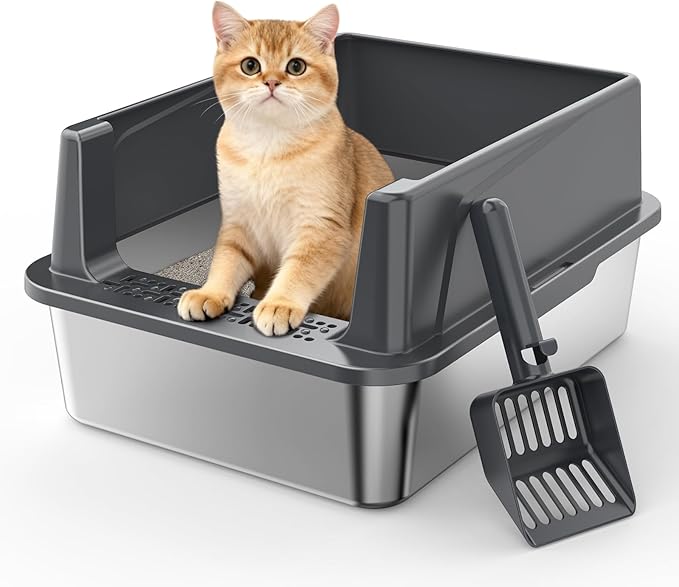 Stainless Steel Cat Litter Box with Lid, High-Sided Metal Litter Pan for Small Cats, Kitty Litter Box, Non-Stick & Odor-Resistant, Anti-Urine Leakage, Easy to Clean, Scoop Included