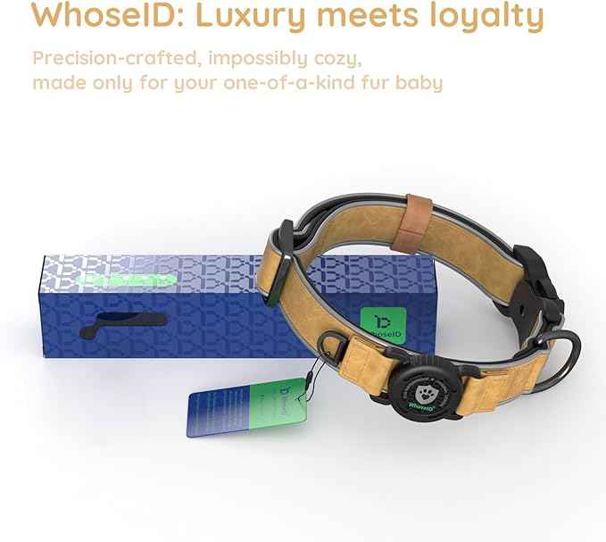 WhoseID Premium Leather Dog Collar - AirTag Dog Collar | Fur-Safe Magnetic Buckle | IPX8 Waterproof Reflective Small Dog Collar with AirTag Holder