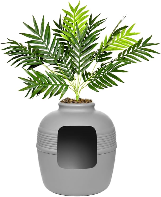 Good Pet Stuff Hidden Litter Box Planter, Decorative Cat Litter Enclosure with Carbon Filter, Artificial Plant, Easy Clean, Improved Design, Round Style, Base Kit, Pebble Gray