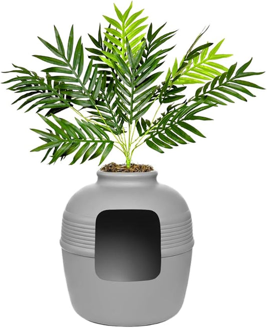 Good Pet Stuff Hidden Litter Box Planter, Decorative Cat Litter Enclosure with Carbon Filter, Artificial Plant, Easy Clean, Improved Design, Round Style, Base Kit, Pebble Gray