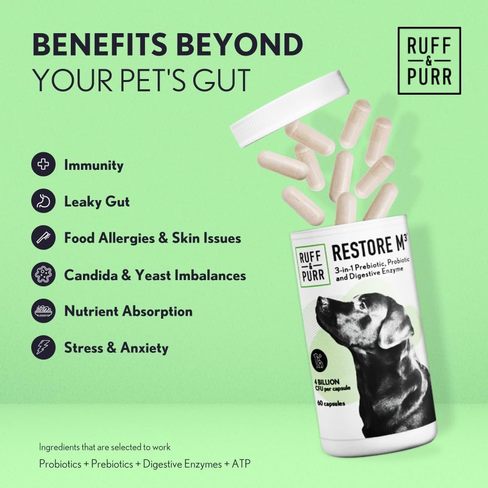 Ruff & Purr Probiotics for Dogs – 3-in-1 Probiotics, Prebiotics and Digestive Enzymes for Gut Health, Immune Support, Healthy Skin and Coat – Clinically Studied DE111 & PreforPro - Pet Explorer