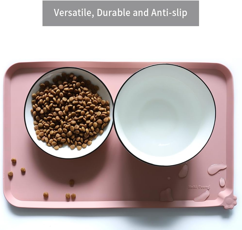 Hoki Found Silicone Pet Food Tray - High-Lips Dog Cat Bowl Mats - Waterproof Dog Cat Food Mats - Neutral Pink - Pet Explorer