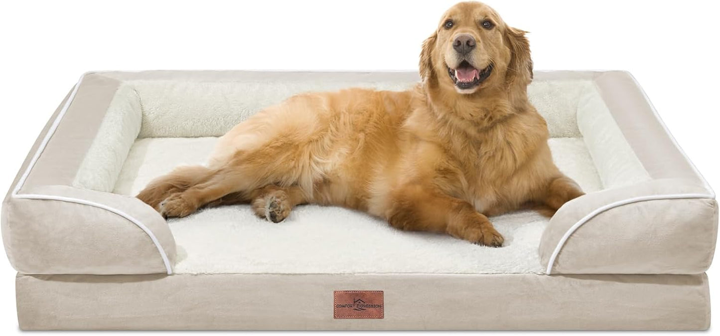 Comfort Expression XL Dog Beds for Extra Large Dogs, Waterproof Orthopedic Dog Bed with Bolster, Washable Pet Sofa Couch with Removable Cover & Non-Slip Bottom(X-Large,Beige) - Pet Explorer