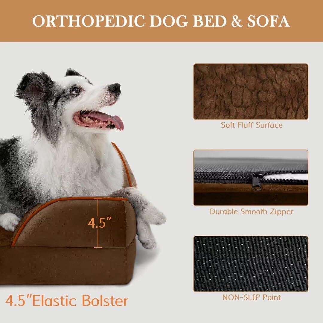 Comfort Expression Large Dog Beds Orthopedic Foam, Waterproof Dog Beds for Dogs, Comfy Pet Bed Sofa with Washable Removable Cover & Non-Slip Bottom(Large,Chocolate Brown) - Pet Explorer