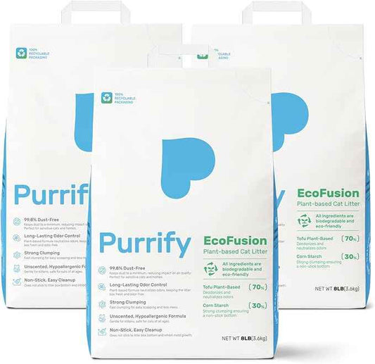EcoFusion Cat Litter 3 Pack (8lb Each) Tofu & Corn Blend, Zero Powdering, Zero Mess, 99.8% Dust-Free, 98% Odor Control, Fast Clumping, Non-Stick, Includes Bonus Cat Scratcher