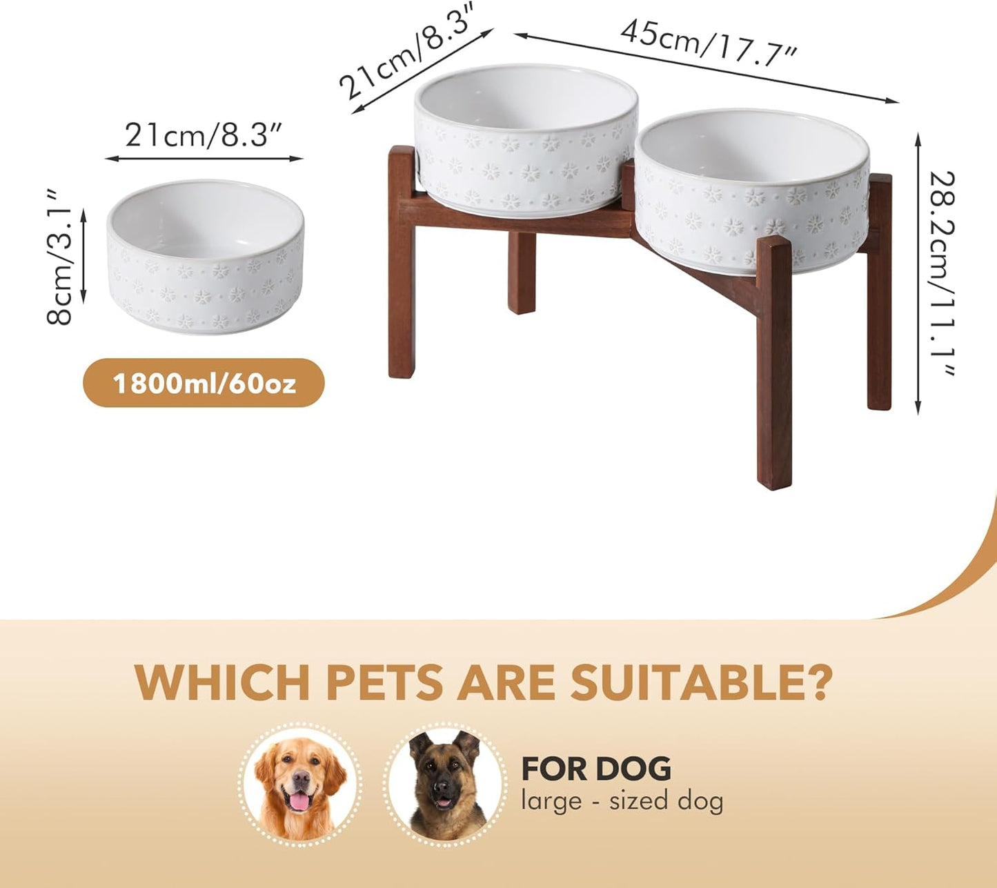 8.2inch Ceramic Raised Double Bowls Set with Acacia Wooden Stand, Food & Water Bowls for Large Breed Dogs, Weighted Dog Dishes, Pet Bowl(60OZ, Arctic White) - Pet Explorer