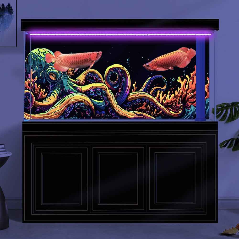 24X12IN Blacklight Octopus Sea Monster HD 3D Black Light Aquarium Background UV Reactive Background Terrarium Background with 10 EVA Double-Sided Tape