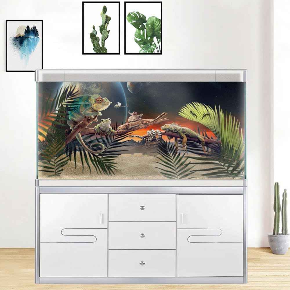 36X24IN Cosmic Aquarium Background, Cool Parallel Space Themed Fish Tank Background, Tropical Desert Terrarium Background with 8 EVA Double-Sided Tape