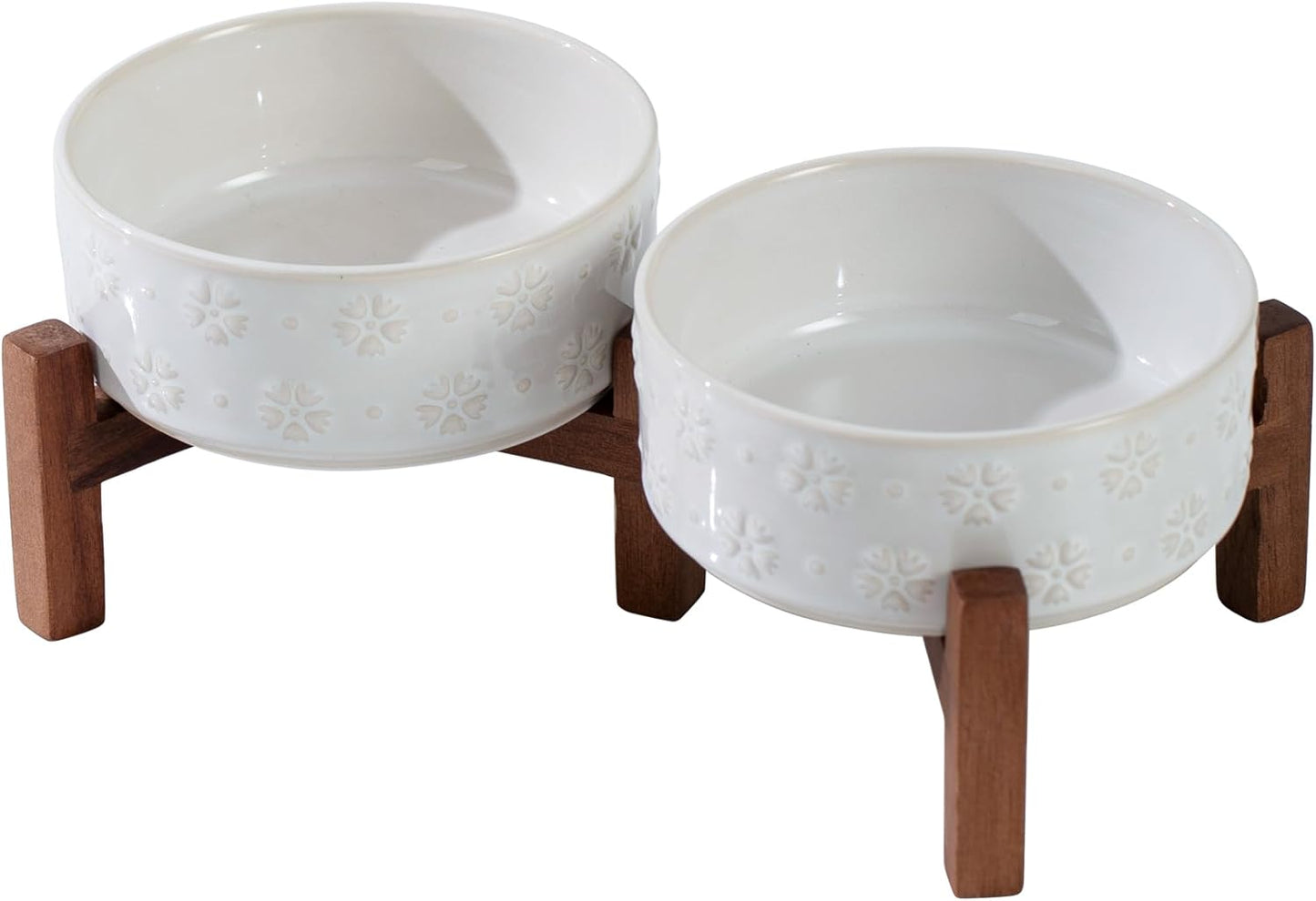 Ceramic 5.1inch Raised Double Bowls Set with Acacia Wood Stand, 2 Heights Elevated, Food & Water Bowls for Puppy, Kitty, Cats(13.5oz, Arctic White) - Pet Explorer