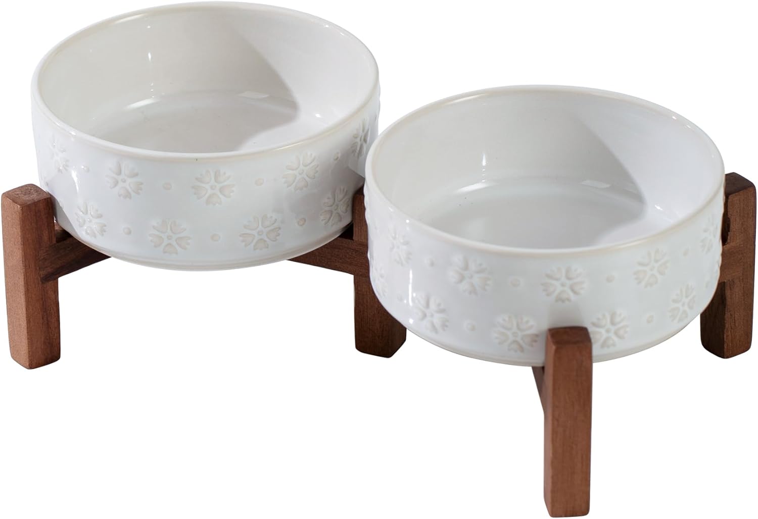 Ceramic 5.1inch Raised Double Bowls Set with Acacia Wood Stand, 2 Heights Elevated, Food & Water Bowls for Puppy, Kitty, Cats(13.5oz, Arctic White) - Pet Explorer