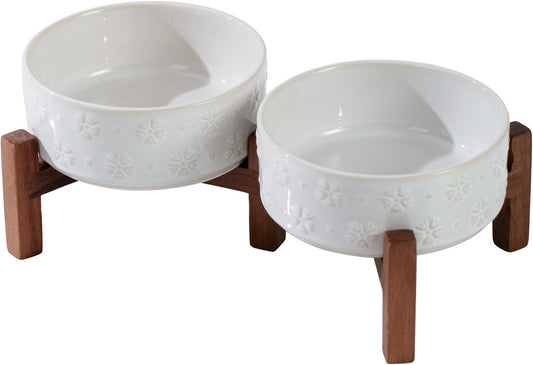 Ceramic 5.1inch Raised Double Bowls Set with Acacia Wood Stand, 2 Heights Elevated, Food & Water Bowls for Puppy, Kitty, Cats(13.5oz, Arctic White) - Pet Explorer