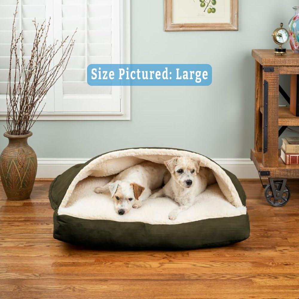 Snoozer Rectangle Cozy Cave Dog Bed - Indoor Dog Bed with Cover Cave, Covered Calming Burrow for Small & Medium Sized Pets with Blanket Attached, Enclosed, Washable - Medium, Olive - Pet Explorer
