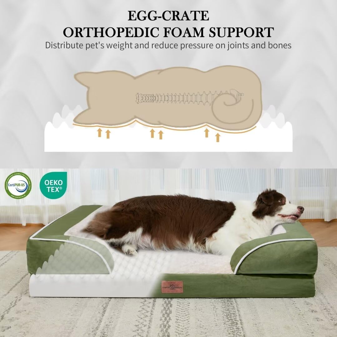 Comfort Expression Orthopedic Bolster Dog Beds Extra Large, XL Dog Beds Waterproof Dogs Beds, Washable Dogs Beds Sofa with Removable Cover & Non-Slip Bottom(X-Large,Light Green) - Pet Explorer