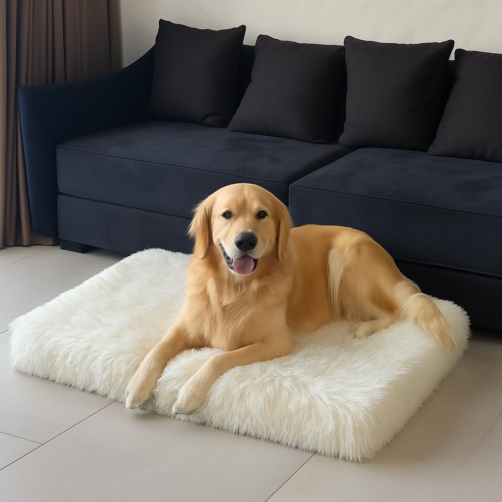 IHAPPYDOG Luxury Faux Fur Orthopedic Dog Beds, Memory Foam Crate Bed for Small, Medium, Large and XL Pets, Fluffy Pet Bed with Waterproof and Washable Cover, Fits Crates (White, 41"x27") - Pet Explorer