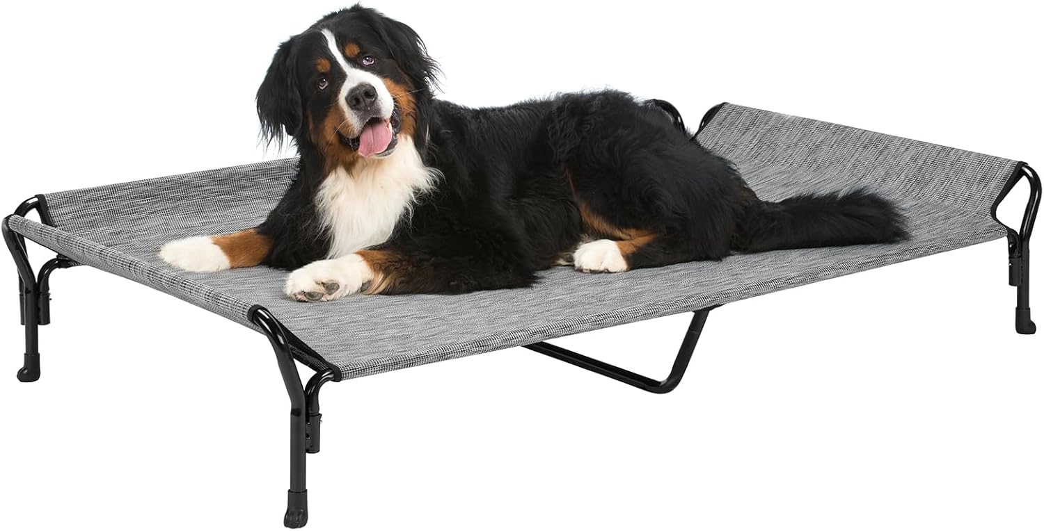 Veehoo Cooling Elevated Dog Bed, Guardrail Raised Pet Cot, Indoor & Outdoor XXL Pet Bed with Washable & Breathable Teslin Mesh, Non-Slip Feet, Dog Couch Bed, 62.5" x 37", Black Silver - Pet Explorer