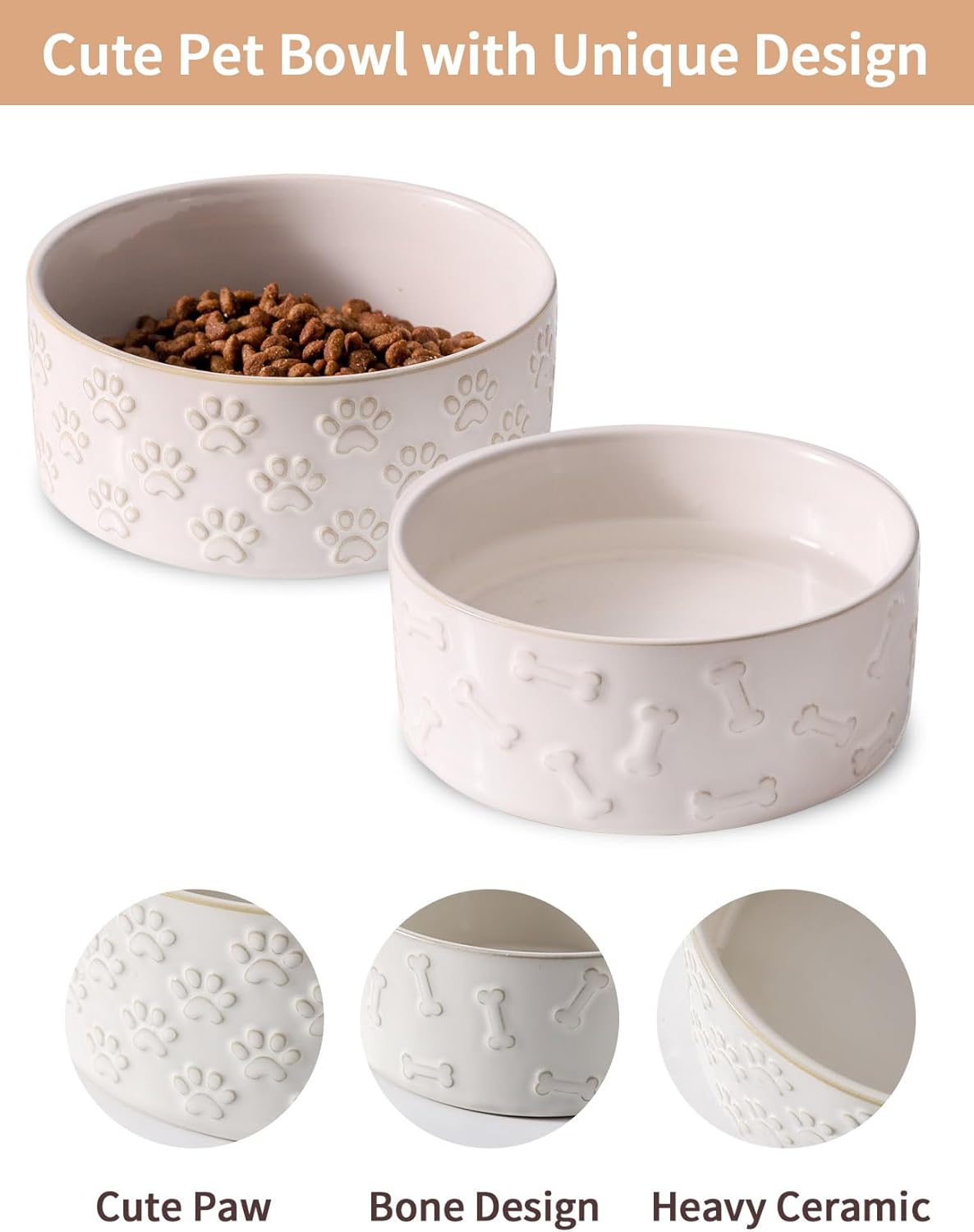UBEE Ceramic Dog Bowl Set of 2, 6.1 inch Dog Food Bowl Dish with Bone Paw Pattern, Pet Food Water Dish Feeding for Small and Meidum Dogs and Large Cat, White - Pet Explorer