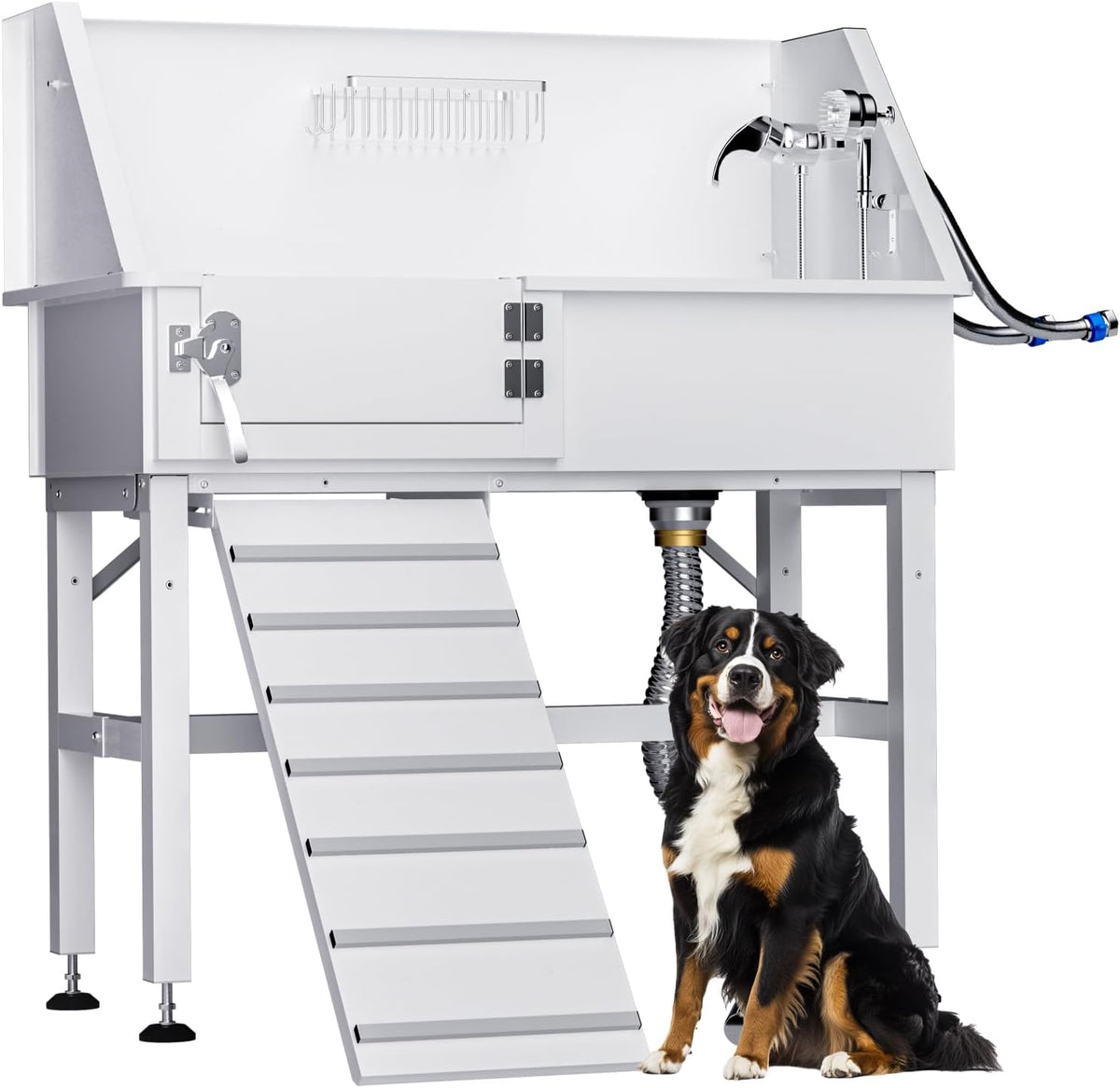 Dog Washing Station for Home, 38" White Professional Stainless Steel Dog Grooming Tub, Height Adjustable Dog Bathing Station, Upgrade Parts, Dog Bath Tubs for Small & Medium Dogs(Left Ramp) - Pet Explorer
